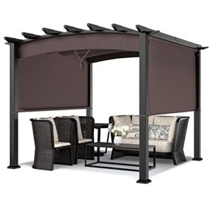tangkula 10ft x 10ft outdoor retractable pergola, patio metal pergola with adjustable sliding sun shade canopy, heavy-duty steel frame, patio furniture shelter for backyard garden poolside (brown)