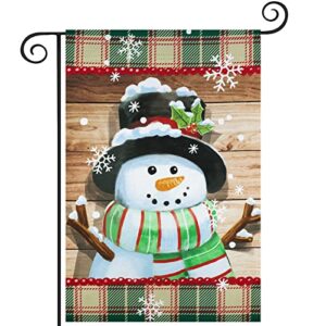 esttop snowman christmas garden flag, green striped scarf & holly polyester vertical double sided 12.5×18 inch yard flag, outdoor christmas decorations, farmhouse decor for xmas