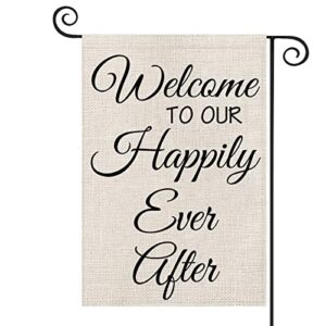 newlyweds gift welcome to our happily ever after house flag wedding gift for bride and groom (welcome happily ever after)