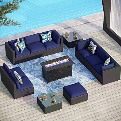 Sophia & William 12 PCS Patio Furniture Set with 45-Inch Fire Pit Table Clearance Rattan Patio Conversation Set Outdoor Sectional Sofa w/Coffee Table, CSA Approved Propane Fire Pit(Navy Blue)