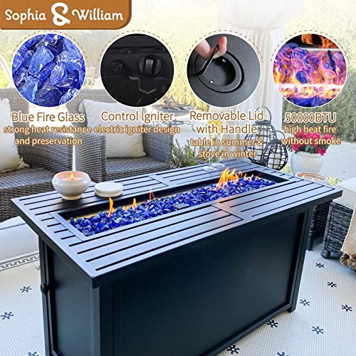 Sophia & William 12 PCS Patio Furniture Set with 45-Inch Fire Pit Table Clearance Rattan Patio Conversation Set Outdoor Sectional Sofa w/Coffee Table, CSA Approved Propane Fire Pit(Navy Blue)