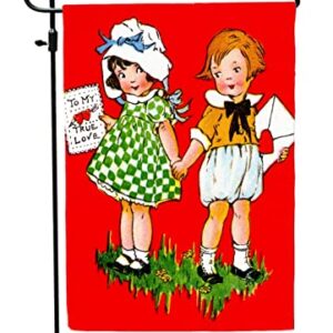 Happy Valentine's Day Garden Flag - Retro Valentines Day Yard Flag - Valentines Day Garden Flags 12x18 Double Sided - Red Vintage Garden Flag Design by Jolly Jon