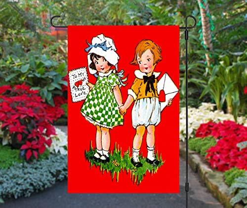 Happy Valentine's Day Garden Flag - Retro Valentines Day Yard Flag - Valentines Day Garden Flags 12x18 Double Sided - Red Vintage Garden Flag Design by Jolly Jon