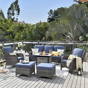 xizzi patio furniture set outdoor conversation sofa with 30 inch square propane fire pit table all weather pe rattan wicker high back outside couch for deck,backyard and garden,grey wicker denim blue