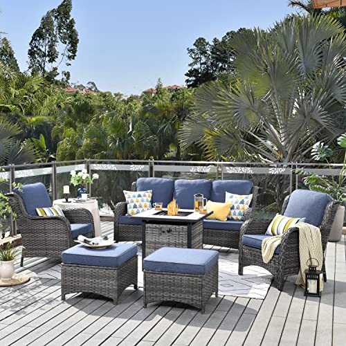 XIZZI Patio Furniture Set Outdoor Conversation Sofa with 30 Inch Square Propane Fire Pit Table All Weather PE Rattan Wicker High Back Outside Couch for Deck,Backyard and Garden,Grey Wicker Denim Blue