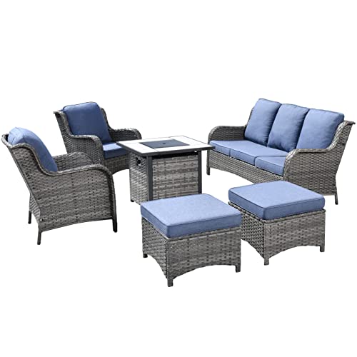 XIZZI Patio Furniture Set Outdoor Conversation Sofa with 30 Inch Square Propane Fire Pit Table All Weather PE Rattan Wicker High Back Outside Couch for Deck,Backyard and Garden,Grey Wicker Denim Blue