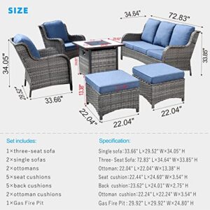 XIZZI Patio Furniture Set Outdoor Conversation Sofa with 30 Inch Square Propane Fire Pit Table All Weather PE Rattan Wicker High Back Outside Couch for Deck,Backyard and Garden,Grey Wicker Denim Blue