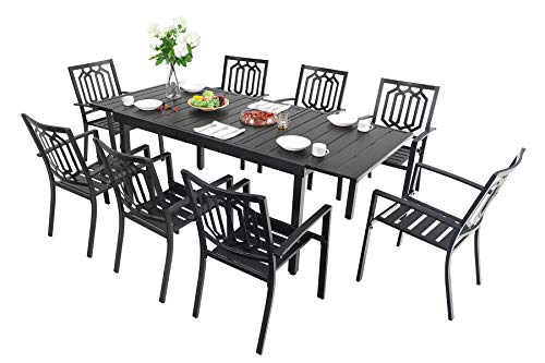 MFSTUDIO 9PCS Outdoor Patio Dining Set, 8 Steel Stackable Chairs, 1 Rectangular Expandable Table, Porch Lawn Backyard Garden Furniture Sets