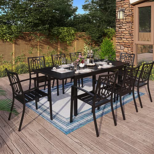 MFSTUDIO 9PCS Outdoor Patio Dining Set, 8 Steel Stackable Chairs, 1 Rectangular Expandable Table, Porch Lawn Backyard Garden Furniture Sets