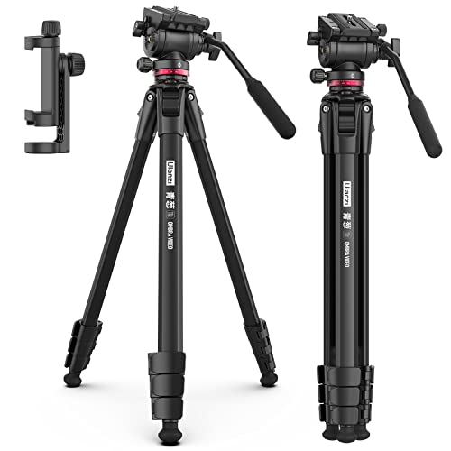 ULANZI MT-56 Ombra Video Travel Tripod, 63" Professional Camera Tripod with Fluid Pan-tilt Head, Aluminum DSLR Tripod Max Load 13.2 LB for Nikon Canon DSLR Camcorder, Phone Holder Included