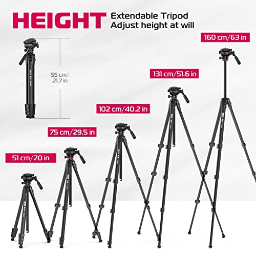 ULANZI MT-56 Ombra Video Travel Tripod, 63" Professional Camera Tripod with Fluid Pan-tilt Head, Aluminum DSLR Tripod Max Load 13.2 LB for Nikon Canon DSLR Camcorder, Phone Holder Included