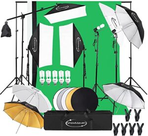 showmaven photography lighting kit, softbox light kit with 6.5ft x 10ft photography backdrop stand for product photography, portrait photography, video shooting photography