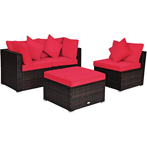 Tangkula 4 Pieces Patio Furniture Set, All Weather Outdoor Sectional Rattan Sofa Set w/Removable Cushions & Pillows, Wicker Conversation Set with Heavy-Duty Steel Frame for Backyard Garden Poolside