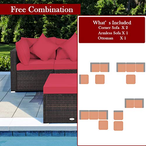 Tangkula 4 Pieces Patio Furniture Set, All Weather Outdoor Sectional Rattan Sofa Set w/Removable Cushions & Pillows, Wicker Conversation Set with Heavy-Duty Steel Frame for Backyard Garden Poolside