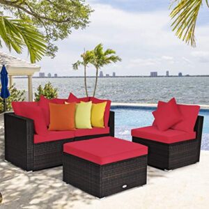 Tangkula 4 Pieces Patio Furniture Set, All Weather Outdoor Sectional Rattan Sofa Set w/Removable Cushions & Pillows, Wicker Conversation Set with Heavy-Duty Steel Frame for Backyard Garden Poolside