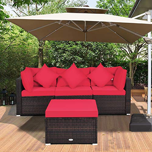Tangkula 4 Pieces Patio Furniture Set, All Weather Outdoor Sectional Rattan Sofa Set w/Removable Cushions & Pillows, Wicker Conversation Set with Heavy-Duty Steel Frame for Backyard Garden Poolside