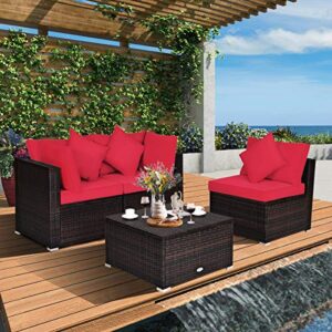 Tangkula 4 Pieces Patio Furniture Set, All Weather Outdoor Sectional Rattan Sofa Set w/Removable Cushions & Pillows, Wicker Conversation Set with Heavy-Duty Steel Frame for Backyard Garden Poolside