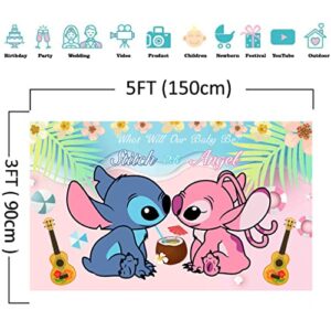 Wenqiang Stitch and Angel Gender Reveal Backdrop for Baby Shower Summer Tropical Hawaiian Beach Party Decorations Supplies Banner 5x3ft