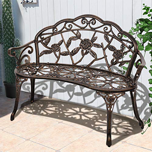 Patio Garden Bench Outdoor Metal Rose Loveseat,39in Cast Iron Well-Crafted Floral Back Antique Finish Park Chair,Accented Lawn Front Porch Path Yard Bronze Decor Deck Furniture for 2|Easy Assembly