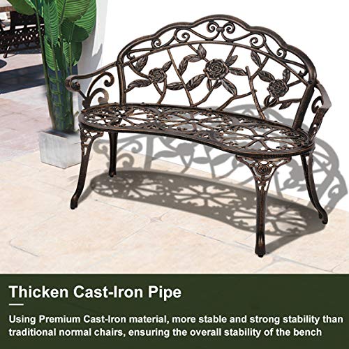 Patio Garden Bench Outdoor Metal Rose Loveseat,39in Cast Iron Well-Crafted Floral Back Antique Finish Park Chair,Accented Lawn Front Porch Path Yard Bronze Decor Deck Furniture for 2|Easy Assembly