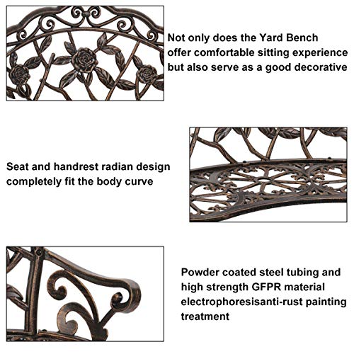 Patio Garden Bench Outdoor Metal Rose Loveseat,39in Cast Iron Well-Crafted Floral Back Antique Finish Park Chair,Accented Lawn Front Porch Path Yard Bronze Decor Deck Furniture for 2|Easy Assembly