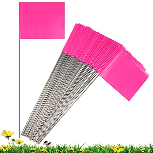 IKAYAS 100 Pack Marking Flags Marker Flags for Lawn 4 * 5 Inch Pink PVC Small Yard Flags Stake Flags on 15 inch Steel Wire, Lawn Flags, Yard Flags, Garden Flags
