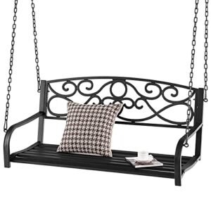 tangkula 2 person hanging porch swing, patio swing bench with chains, backrest & armrests, classic outdoor metal swing chair for garden, deck, backyard (black)