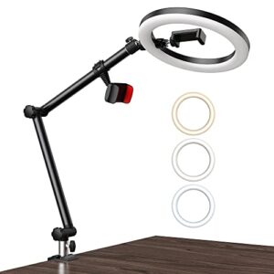 luoled ring light with stand and phone holder, usb 10” ring light for desk, overhead camera mount with ring light, desktop ring light with clamp for photography/makeup/live stream video/youtube