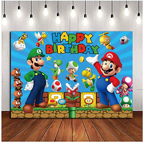 Super Mario Gold Coin Video Game Happy Birthday Theme Photography Backdrops 5x3ft Children Boys Birthday Party Decor Supplies Cake Table Decor Kids Shoot Photo Backgrounds Props Vinyl