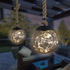 exhart 2 solar hanging ball lights, 20 leds, glass w/rope, durable garden décor lights, 2pc, 6″x38″