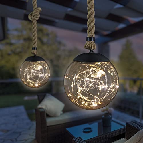 Exhart 2 Solar Hanging Ball Lights, 20 LEDs, Glass w/Rope, Durable Garden Décor Lights, 2pc, 6"x38"