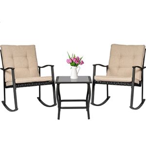 oakmont 3-piece high back outdoor rocking chair patio furniture bistro sets 2 chairs with glass coffee table, all-weather steel frame(black)