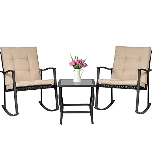 Oakmont 3-Piece High Back Outdoor Rocking Chair Patio Furniture Bistro Sets 2 Chairs with Glass Coffee Table, All-Weather Steel Frame(Black)