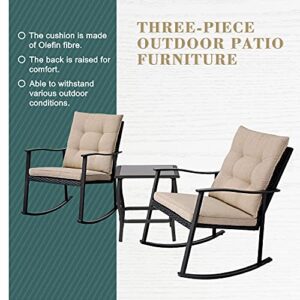 Oakmont 3-Piece High Back Outdoor Rocking Chair Patio Furniture Bistro Sets 2 Chairs with Glass Coffee Table, All-Weather Steel Frame(Black)