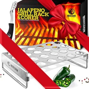 mountain grillers jalapeno popper holder for grill with corer – large 24 hole pepper rack and tray with core tool – perfect popper griller & cooker – dishwasher & oven safe pepper corer tool