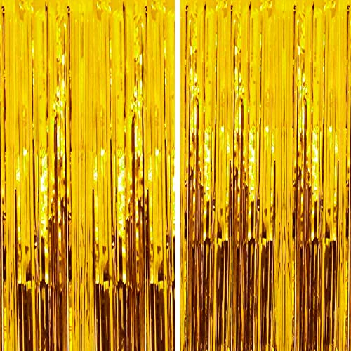 Dazzle Bright Backdrop Curtain, 3FT x 8FT Metallic Tinsel Foil Fringe Curtains Photo Booth Background for Baby Shower Party Birthday Wedding Engagement Bridal Shower (2, Gold)