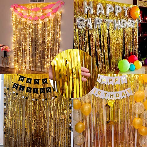 Dazzle Bright Backdrop Curtain, 3FT x 8FT Metallic Tinsel Foil Fringe Curtains Photo Booth Background for Baby Shower Party Birthday Wedding Engagement Bridal Shower (2, Gold)