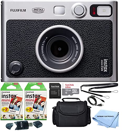 Fujifilm Instax Mini EVO Hybrid Instant Film Camera Bundle with 40 Instant Film Sheets + 32GB microSD Memory Card + Small Padded Case + SD Card Reader + Extreme Electronics Cloth