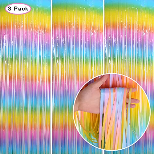 3 Pack Fringe Curtains Party Decorations,Tinsel Backdrop Curtains for Parties,Photo Booth Wedding Graduations Birthday Christmas Event Party Supplies (Macarone Rainbow