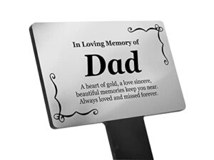 dad memorial plaque, grave marker for cemetery, outdoor garden stake – decorative bereavement gifts plaque, engraved with ‘in loving memory dad’, remembrance poem and graphic.