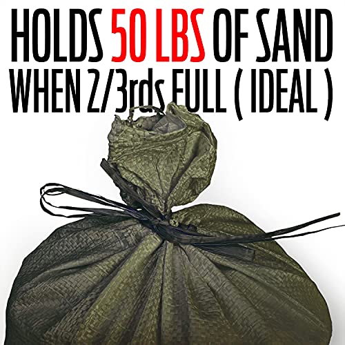 Empty Sandbags Military Green with Ties (Bundle of 10) 14" x 26" - Woven Polypropylene Sand Bags, Extra Heavy Duty Sandbags for Flooding, Sand Bags Flood Protection