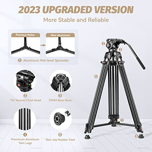 【2023 Upgrade】 RAUBAY 70.8" Professional Heavy Duty Video Camera Tripod with Fluid Head, QR Plate for DSLR Camcorder, Max Loading 17.6lbs, Aluminum Twin Tube Leg with Metal Mid-Level Spreader DV-1 PRO