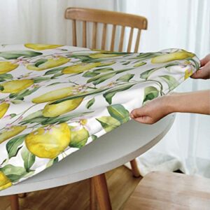 Lemon Round Fitted Table Cover Washable Reusable Elastic Edge Table Cloth for Patio Indoor Outdoor Kitchen Party Use