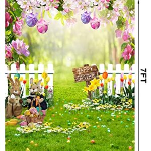 LTLYH 5x7ft Easter Backdrop Easter Floral Bokeh Photo Decorations Background Easter Rabbit Colorful Eggs Fence Green Grass Decor Photography Background 173