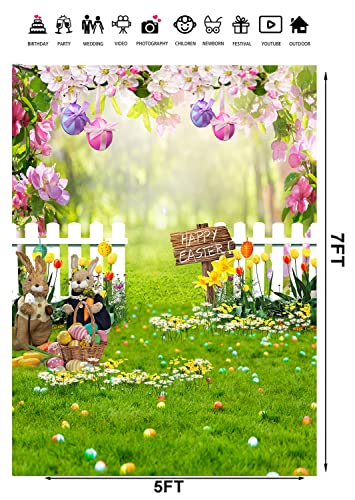 LTLYH 5x7ft Easter Backdrop Easter Floral Bokeh Photo Decorations Background Easter Rabbit Colorful Eggs Fence Green Grass Decor Photography Background 173