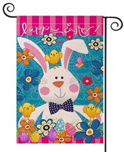 happy easter garden flag, double sided 12” x 18” linen tulip and bunny yard flag for spring outside yard outdoor farmhouse easter decorations (blue)