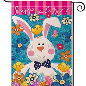Happy Easter Garden Flag, Double Sided 12” x 18” Linen Tulip and Bunny Yard Flag for Spring Outside Yard Outdoor Farmhouse Easter Decorations (Blue)