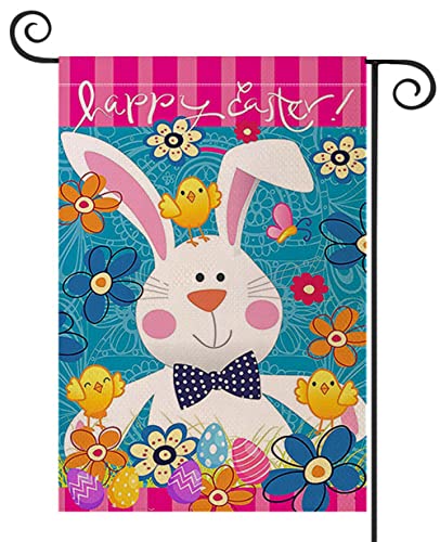 Happy Easter Garden Flag, Double Sided 12” x 18” Linen Tulip and Bunny Yard Flag for Spring Outside Yard Outdoor Farmhouse Easter Decorations (Blue)