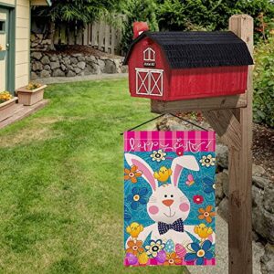 Happy Easter Garden Flag, Double Sided 12” x 18” Linen Tulip and Bunny Yard Flag for Spring Outside Yard Outdoor Farmhouse Easter Decorations (Blue)