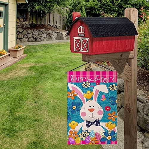 Happy Easter Garden Flag, Double Sided 12” x 18” Linen Tulip and Bunny Yard Flag for Spring Outside Yard Outdoor Farmhouse Easter Decorations (Blue)